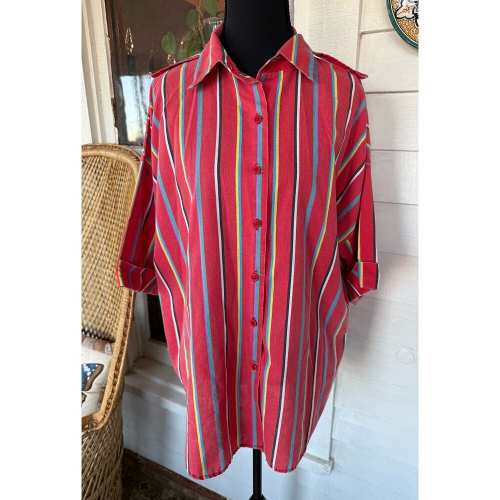 Vintage 70's Red Stripe Womens Button Blouse Cotton Blend Sz XL - Picture 8 of 13